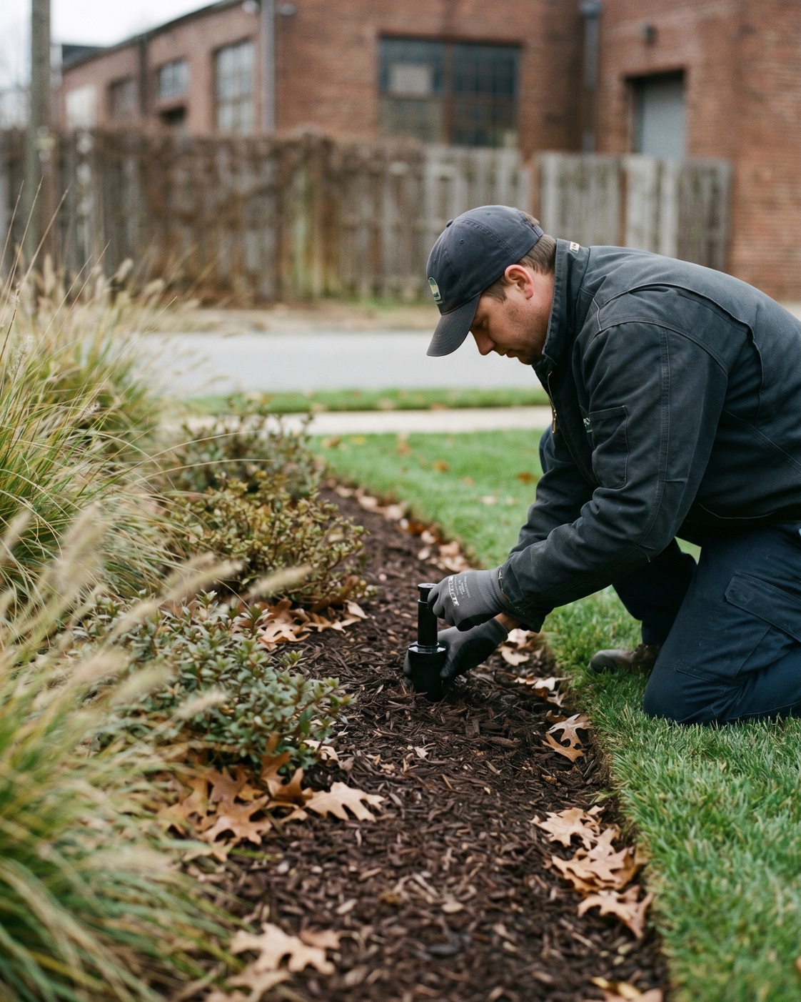 ManageMowed technician inspecting irrigation in a mulched commercial bed near Manchester's brick warehouse district