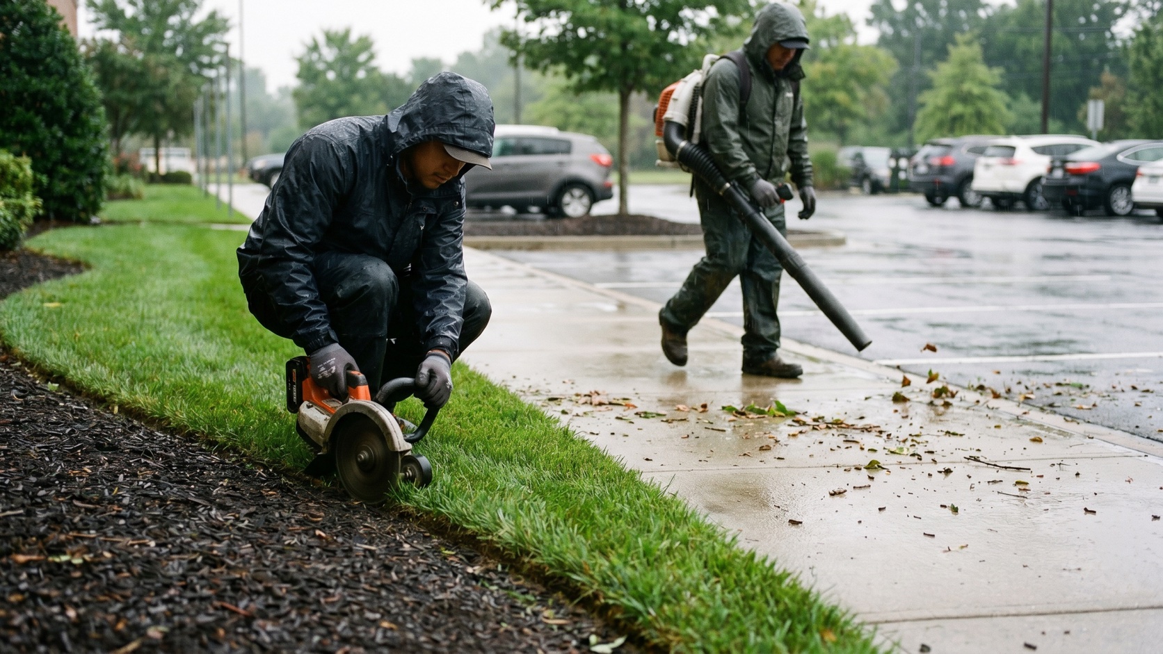 ManageMowed crew edging and clearing a Midlothian Turnpike retail property after a summer thunderstorm