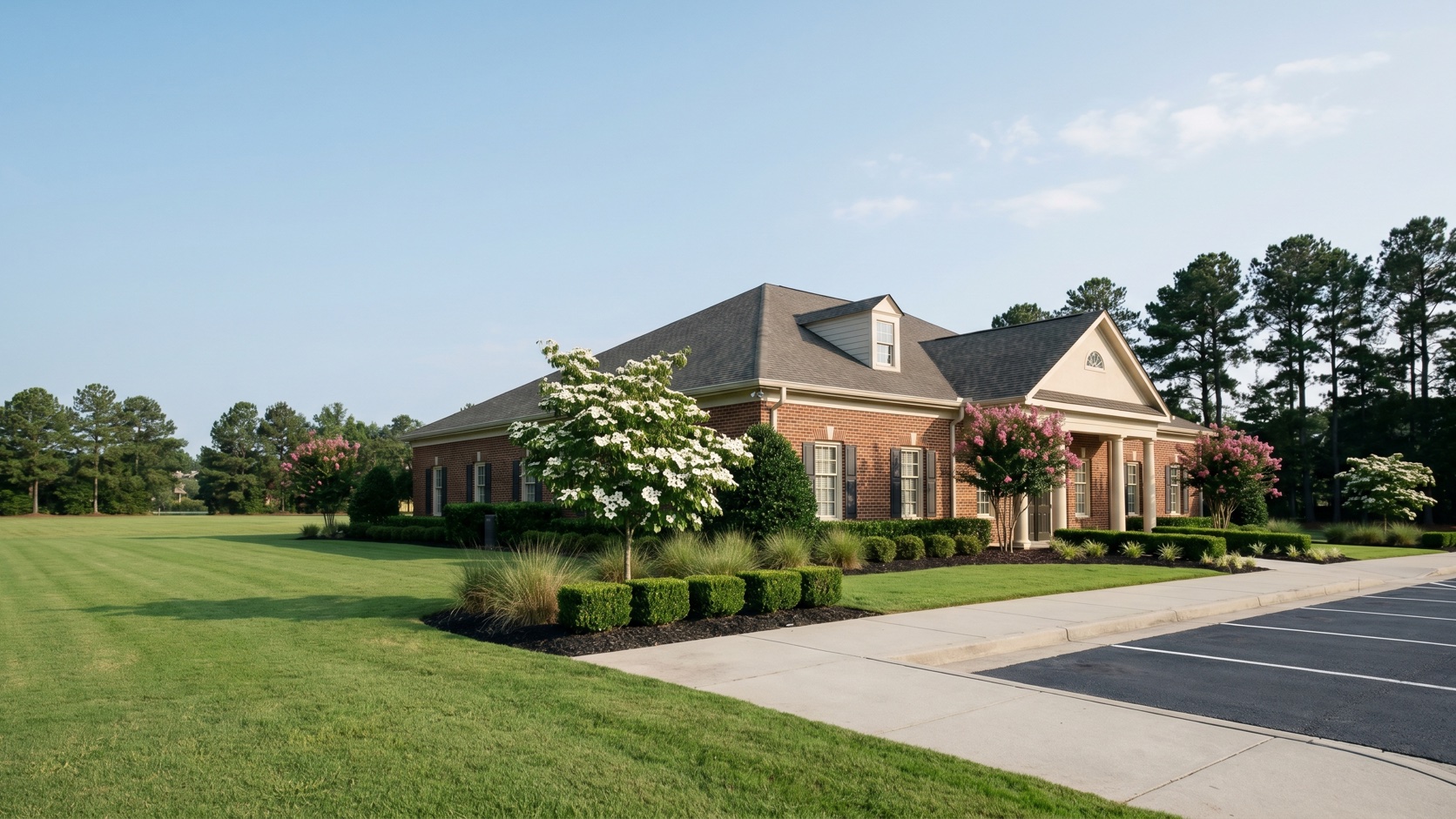 Immaculate brick commercial office exterior maintained by ManageMowed in Chesterfield County